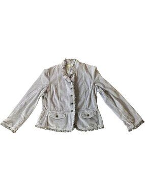 J. Jill Womens Gray Striped Corduroy Button-Down Jacket Ruffle Trim Medium